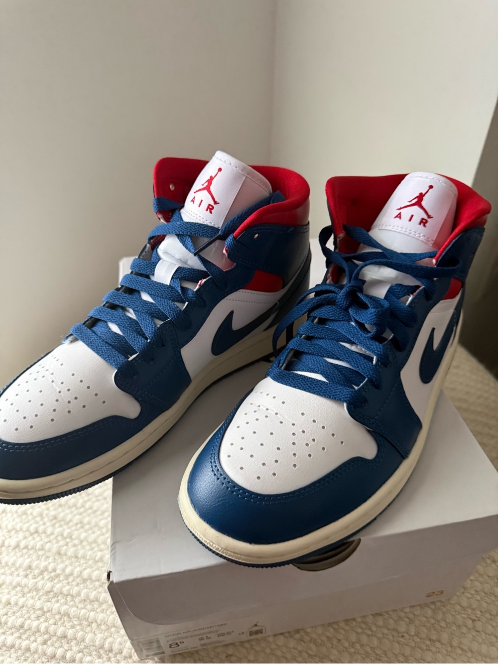 Jordan Air High Top Sneakers in White, Navy, and Red